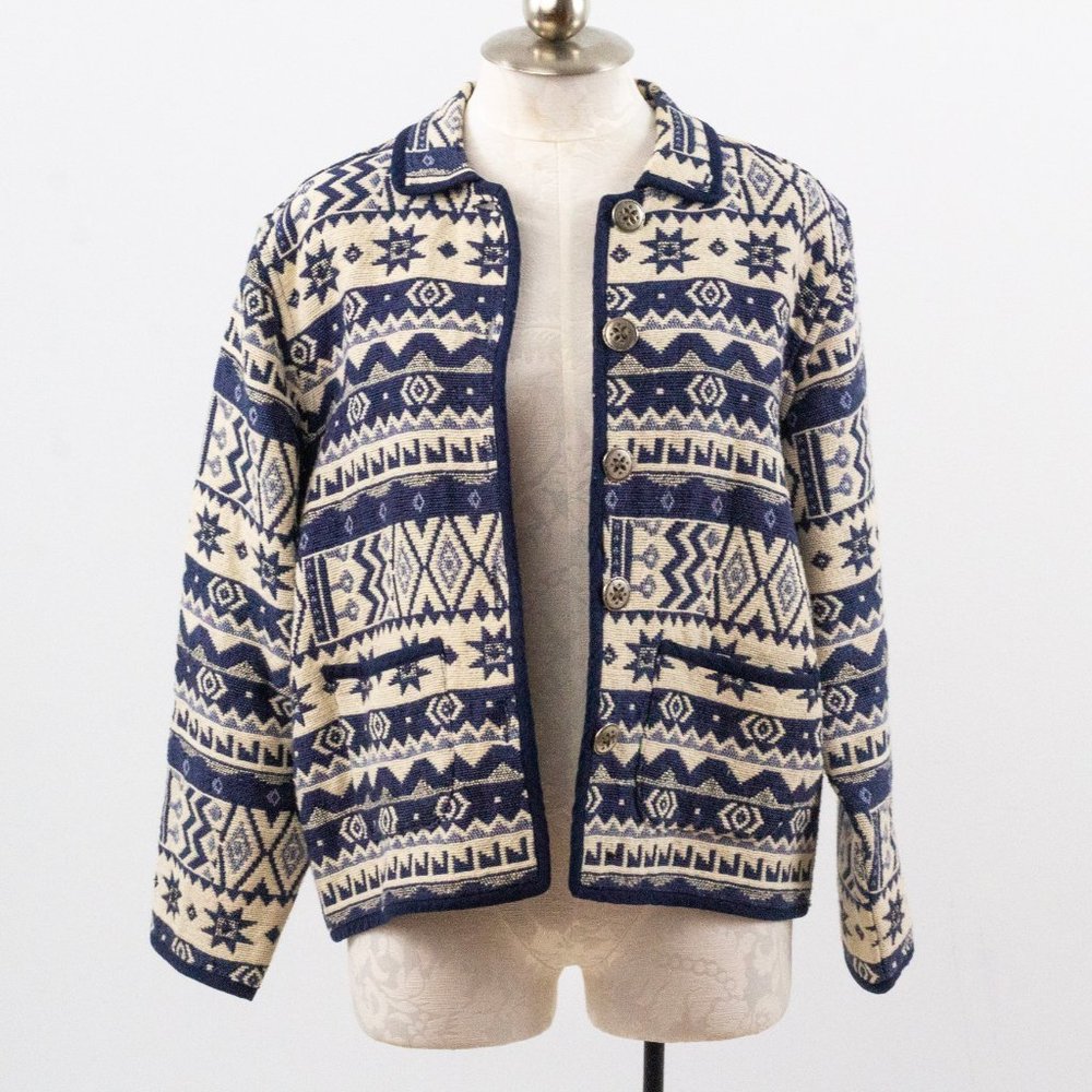 Vintage M Cotton Southwestern Sweater Jacket Blue - Picture 7 of 10